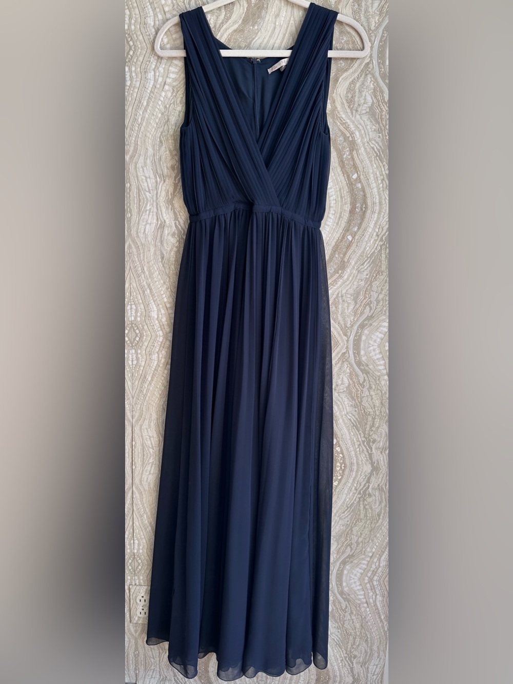 HALSTON HERITAGE 4 Navy Blue Chiffon Pleated V-neck Evening GOWN PROM Long Dress